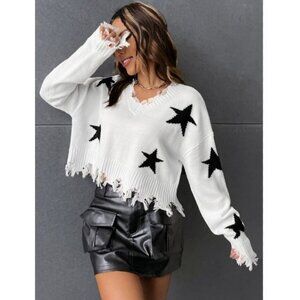 SHEIN Cropped Frayed Edge Star Sweater